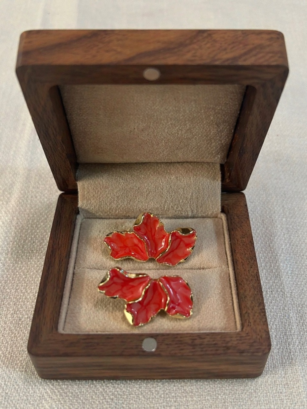 Gold-Trim Red Enamel Leaf Clip Earrings - Women Jewelry